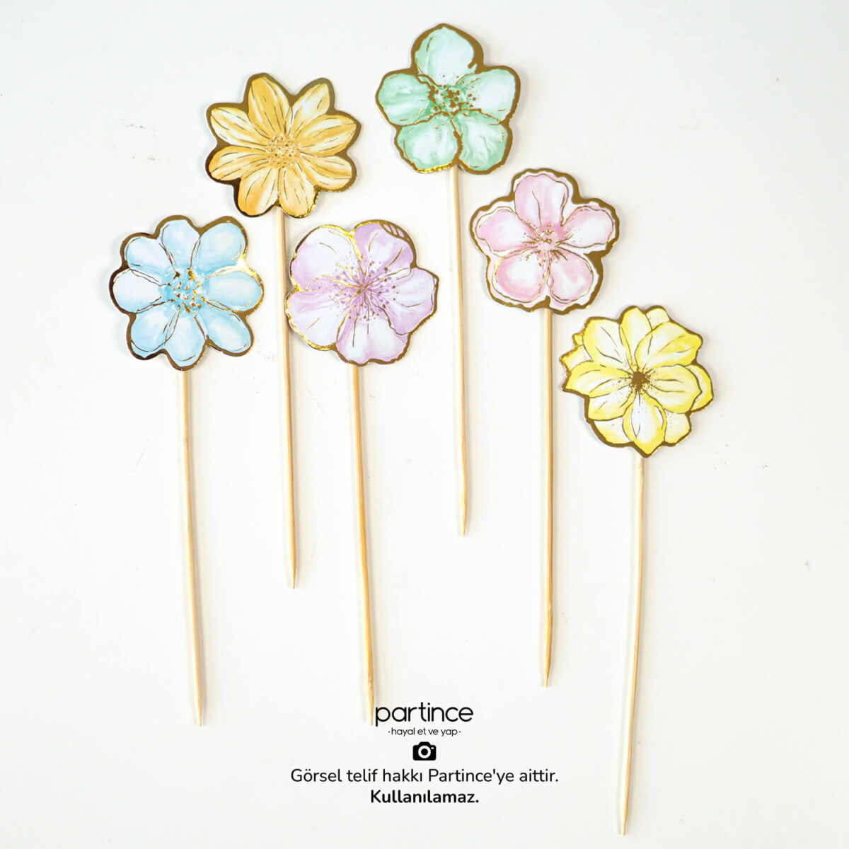 Pale Makaron Çiçek Pasta Süsü 6 Parça Cake Topper Doğum Günü Süsü - Görsel 3
