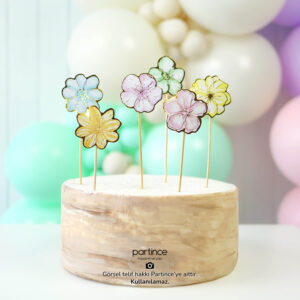 Pale Makaron Çiçek Pasta Süsü 6 Parça Cake Topper Doğum Günü Süsü