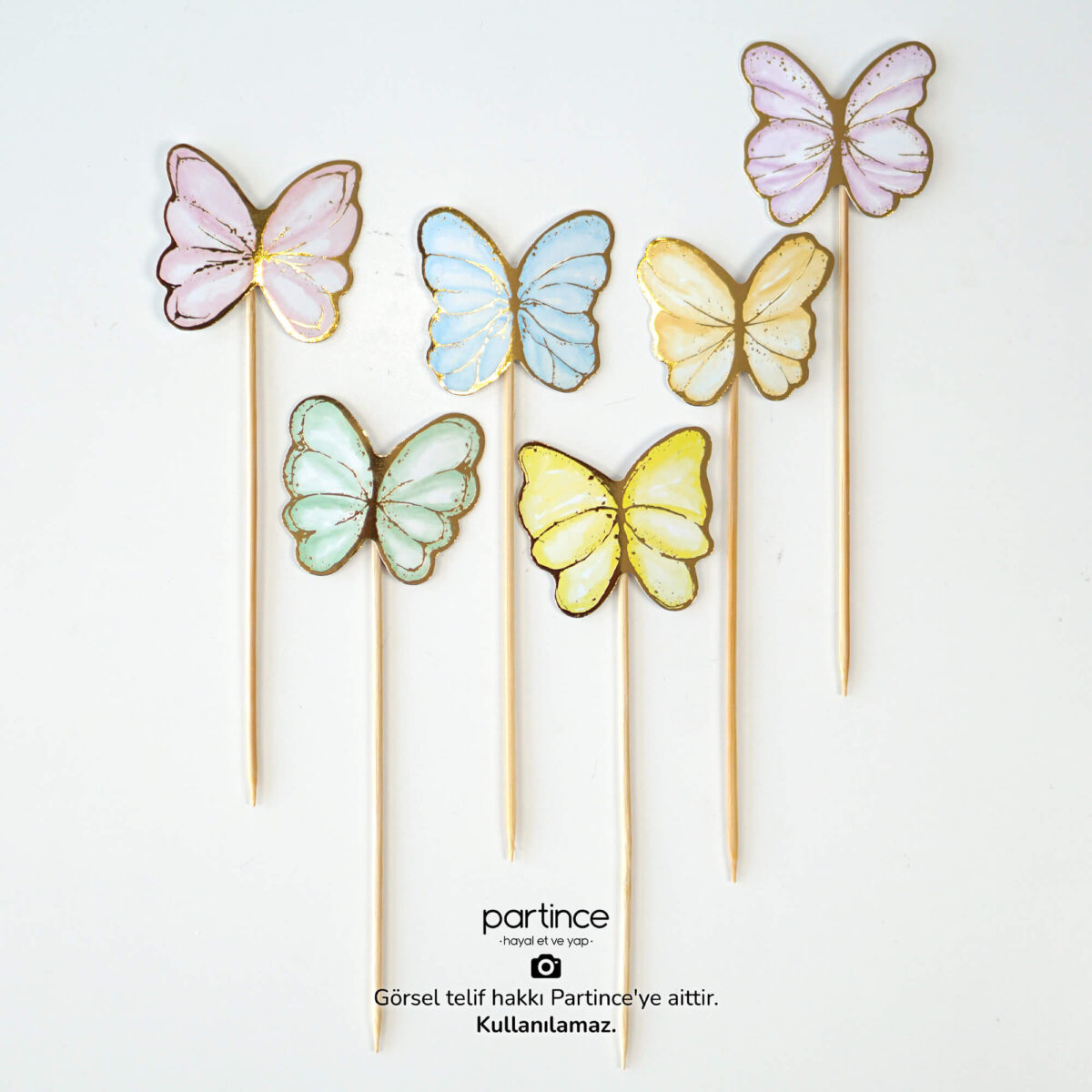 Pale Makaron Kelebek Pasta Süsü 6 Parça Cake Topper Doğum Günü Süsü - Görsel 4