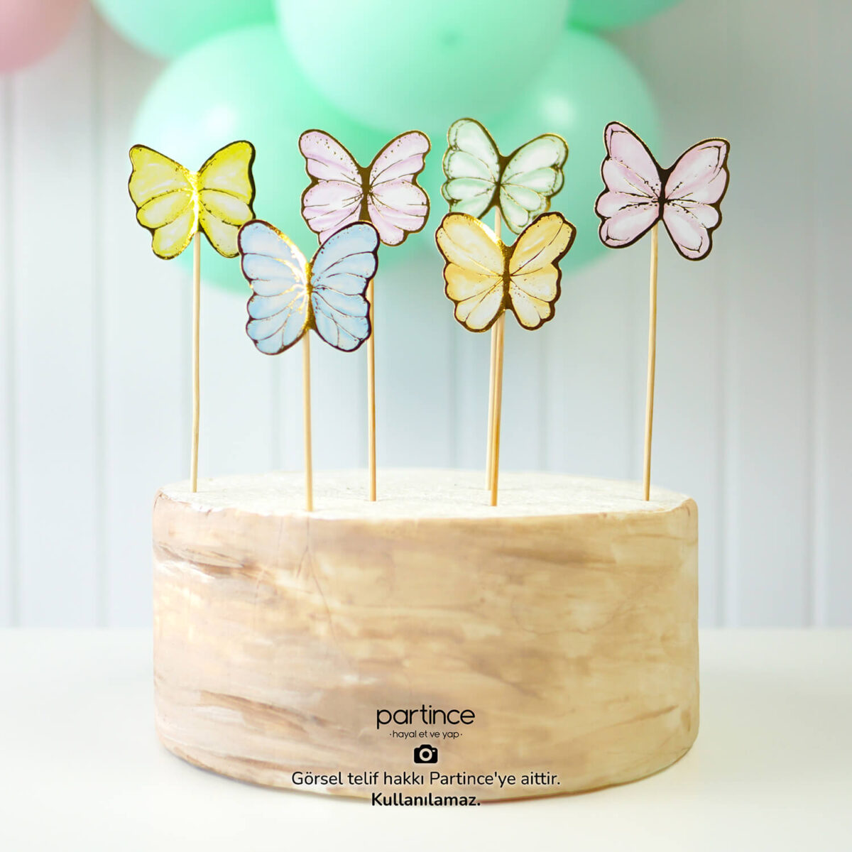 Pale Makaron Kelebek Pasta Süsü 6 Parça Cake Topper Doğum Günü Süsü - Görsel 2