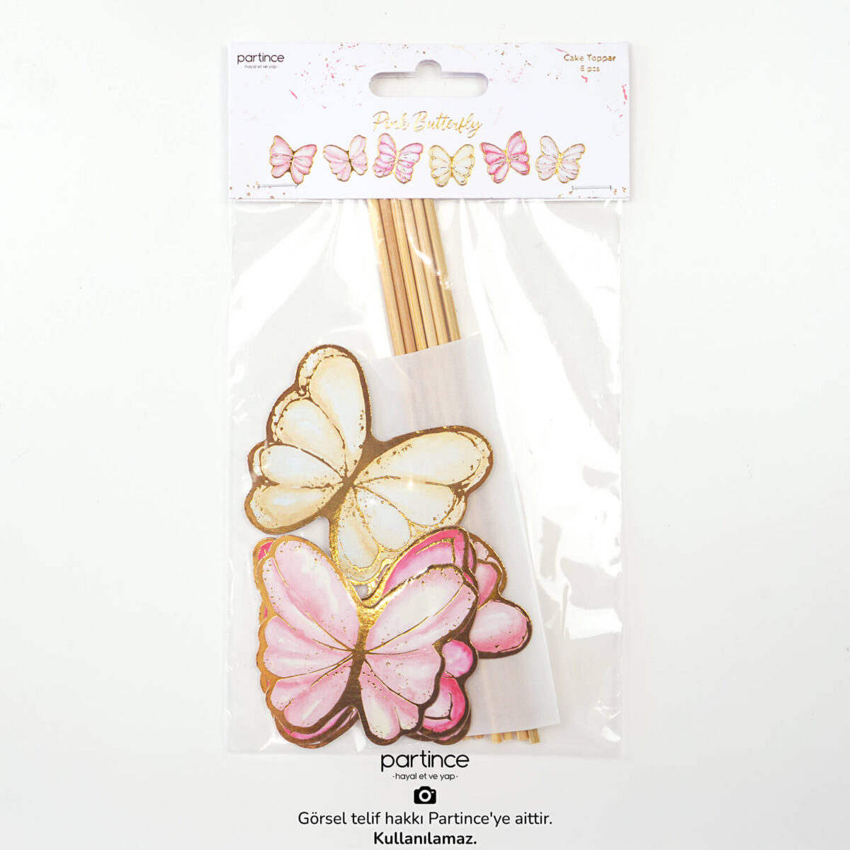 Pembe Tema Kelebek Pasta Süsü 6 Parça Cake Topper Doğum Günü Süsü - Görsel 2