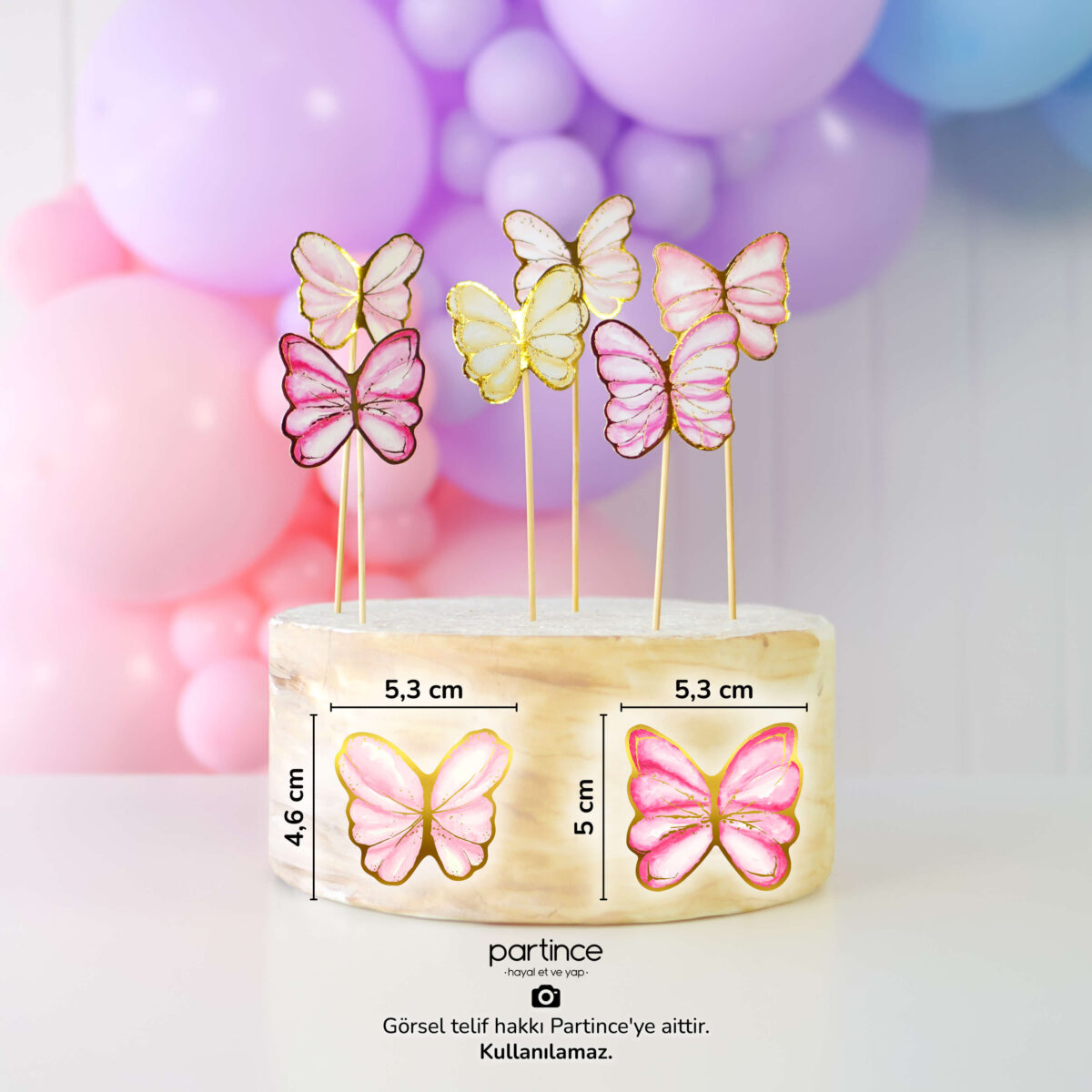 Pembe Tema Kelebek Pasta Süsü 6 Parça Cake Topper Doğum Günü Süsü - Görsel 3