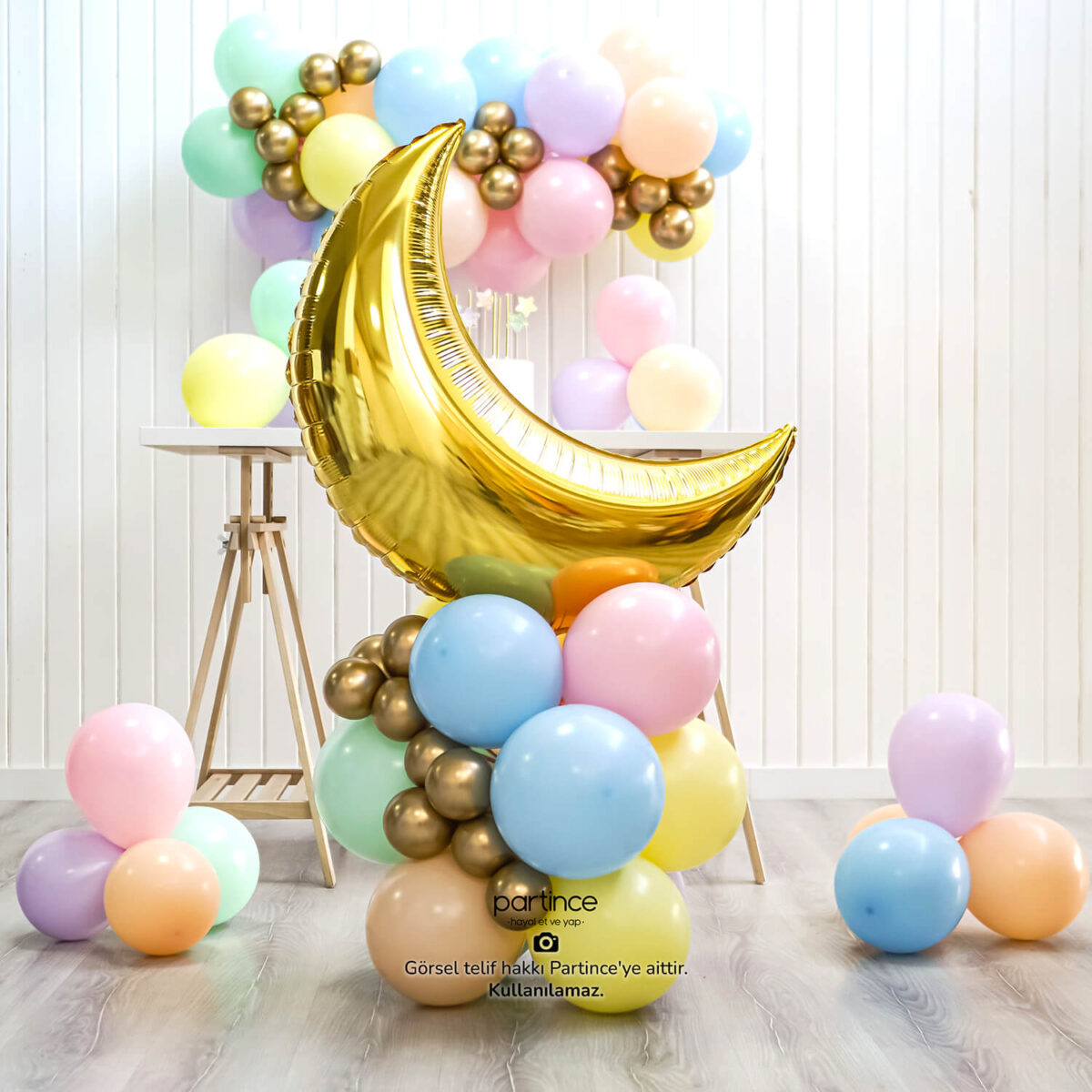 Yarım Ay Folyo Gold ve Makaron Balon Zincir Seti - Görsel 9