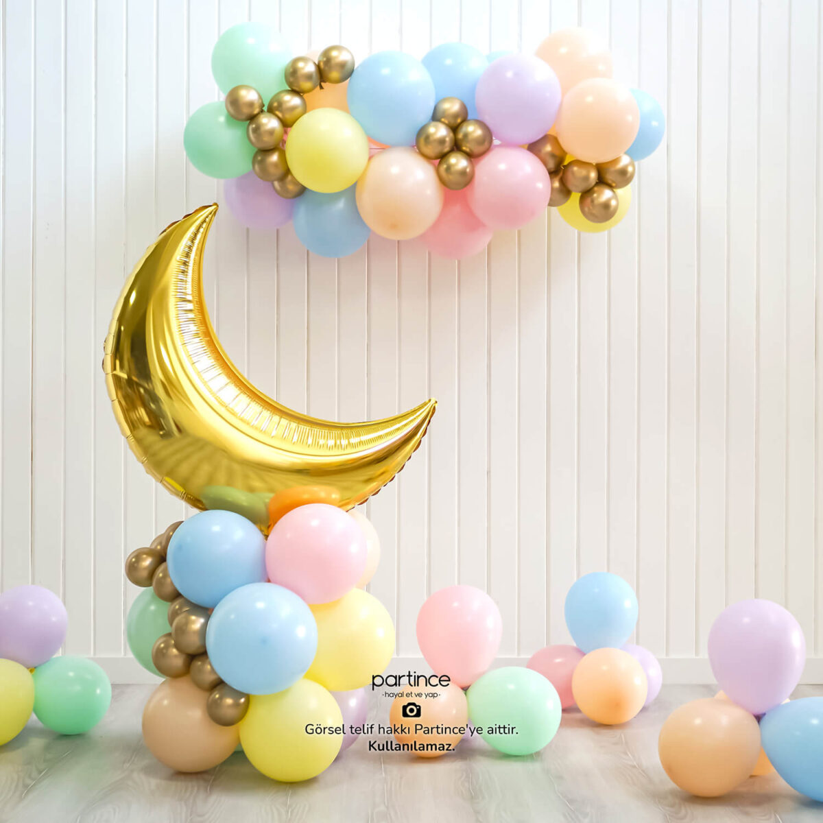 Yarım Ay Folyo Gold ve Makaron Balon Zincir Seti - Görsel 8