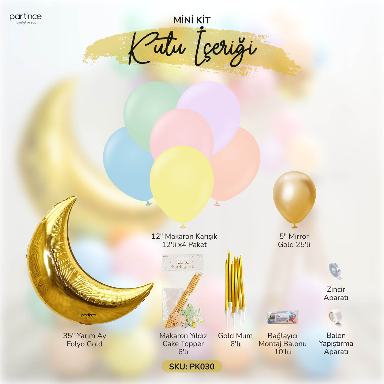 doğum günü süsleri makaron balon kalp banner asma süs cake topper pasta süsü kız erkek çocuk yarım ay gold folyo süs partince kit set detayı