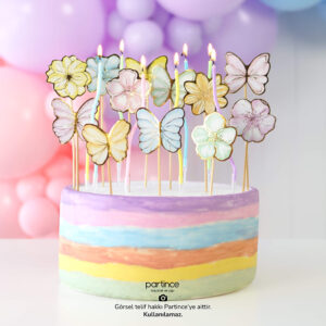 Makaron Pale Kelebek Çiçek 12 Parça Cake Topper Doğum Günü Süsü