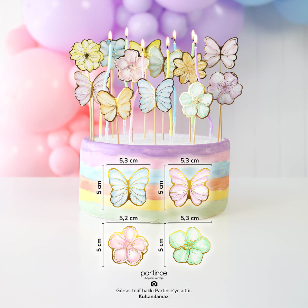 Makaron Pale Kelebek Çiçek 12 Parça Cake Topper Doğum Günü Süsü - Görsel 2