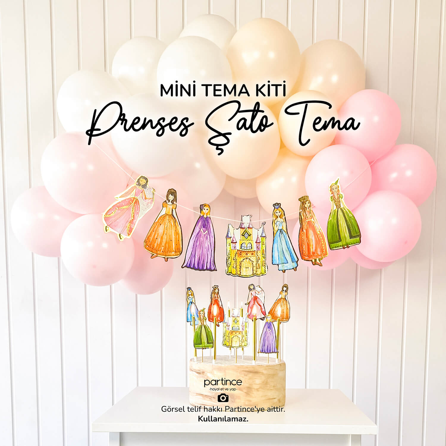 Doğum Günü İçin El Yapımı Özgün Süsleme Fikirleri prenses şato tema banner asma süsü mum pasta süsü cake topper balon makaron pale pembe beyaz makaron pale somon partince