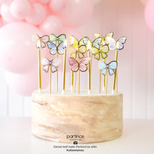 3'lü Set Kelebek Fiyonk Pasta Süsü ve Gold Mum Seti