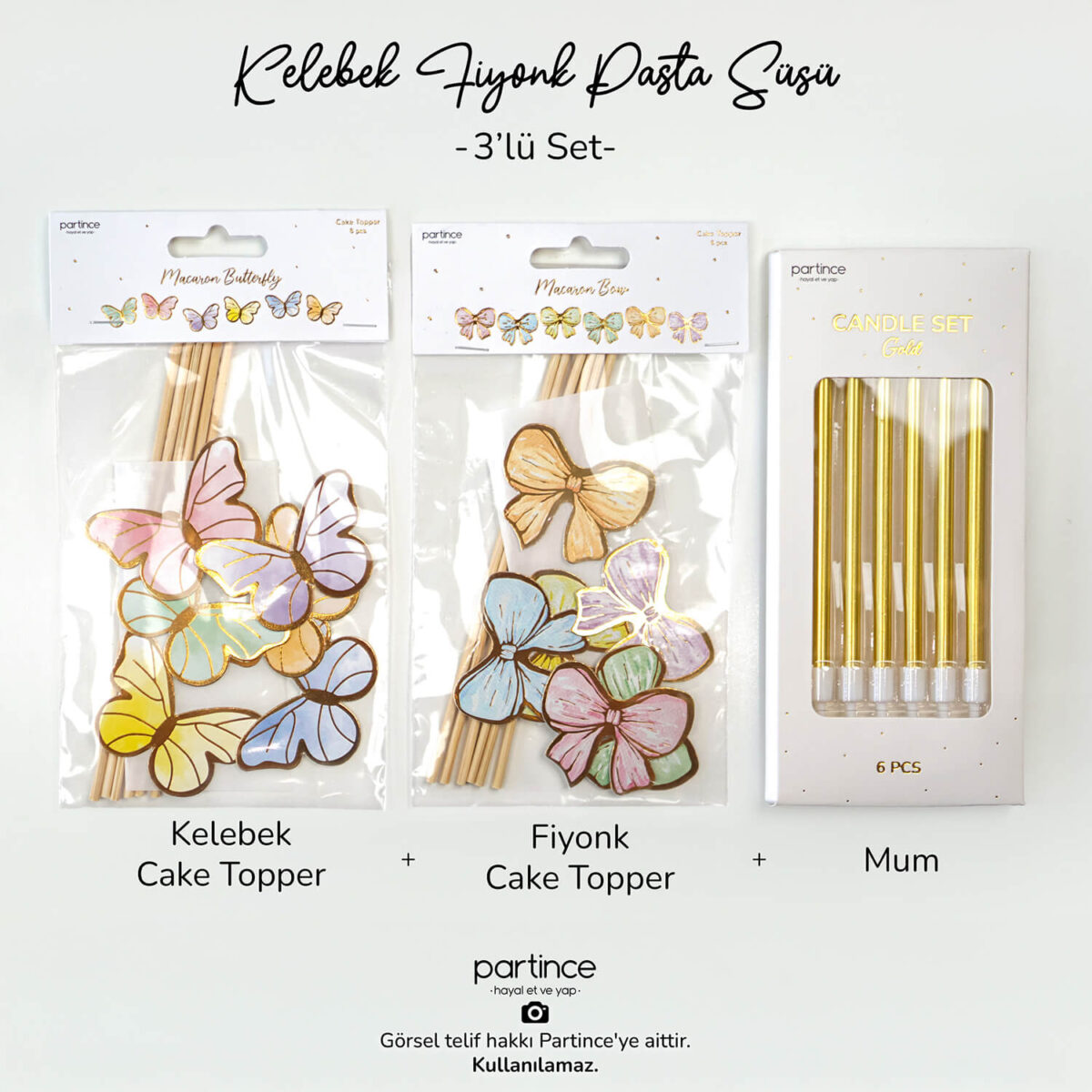 3'lü Set Kelebek Fiyonk Pasta Süsü ve Gold Mum Seti - Görsel 3