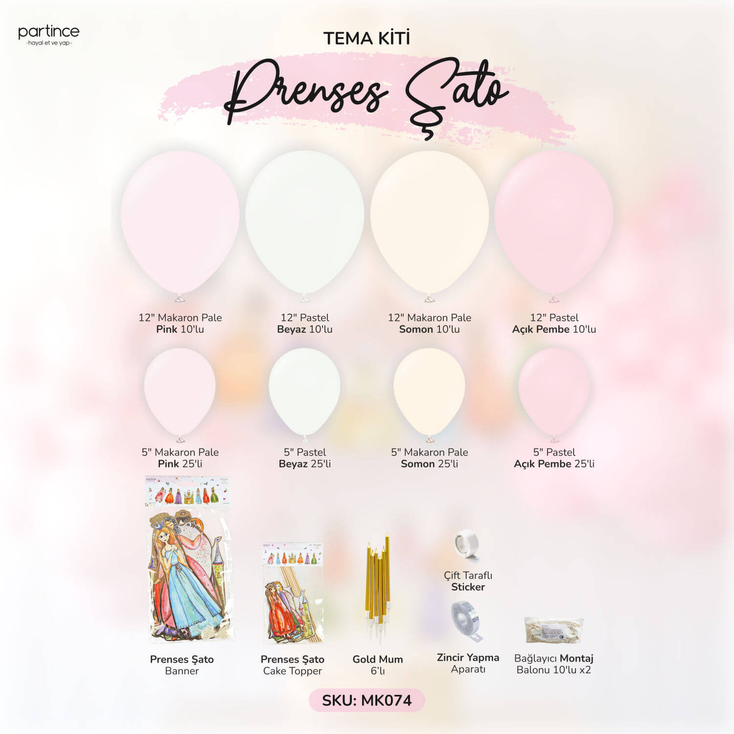 Doğum Günü için Işıklı ve Parıltılı Süsleme Önerileri prenses tabak bardak banner asma süsü mum pasta süsü cake topper balon popcorn mısır kutuları partince