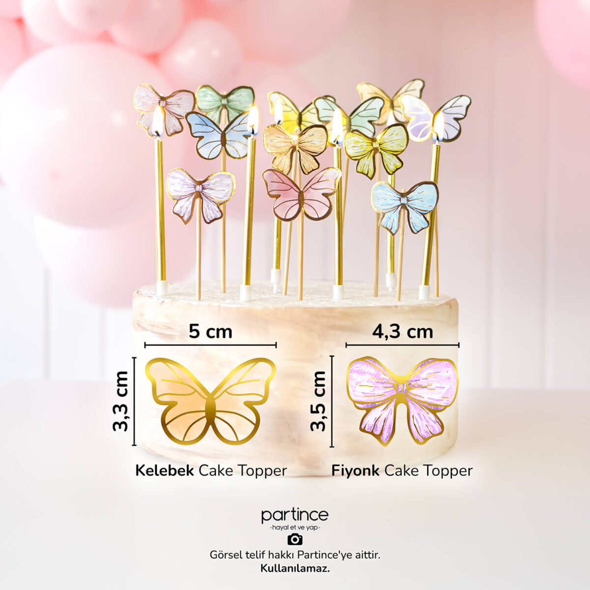 3'lü Set Kelebek Fiyonk Pasta Süsü ve Gold Mum Seti - Görsel 2