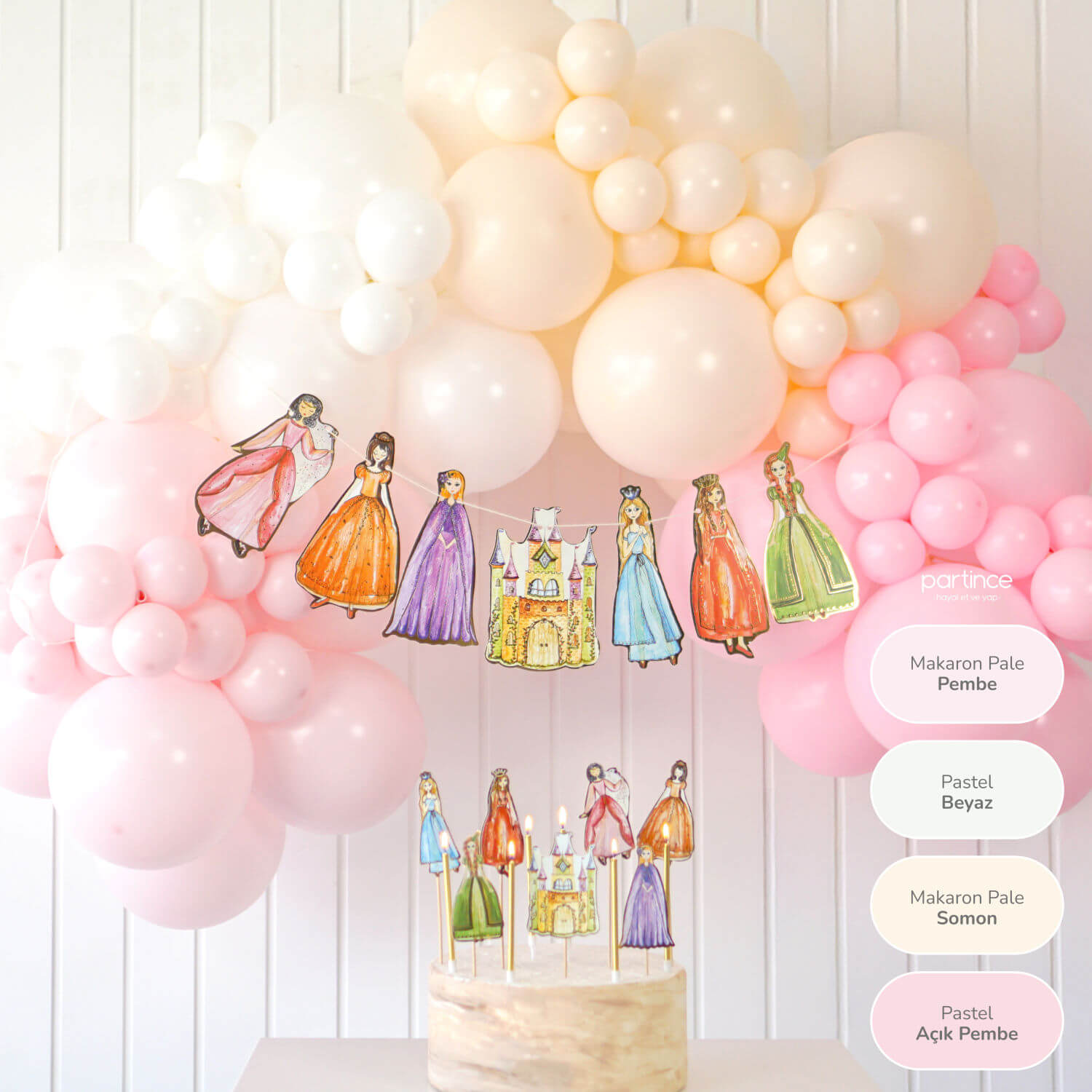 Minimalist ve Modern Doğum Günü Parti Süsleri prenses tabak bardak banner asma süsü mum pasta süsü cake topper balon popcorn mısır kutuları sofra ürünleri partince