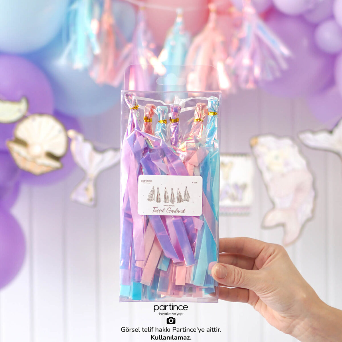 6'lı Deniz Kızı Hologram Lila Pembe Mavi Püskül Set (Hazır – Kutulu)