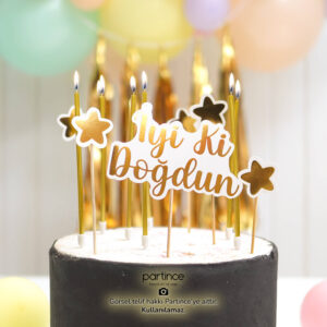İyi Ki Doğdun Cake Topper Pasta Süsü ve Gold Uzun Mum Seti