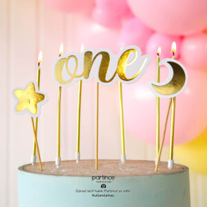 One Cake Topper Pasta Süsü ve Gold Mum Seti