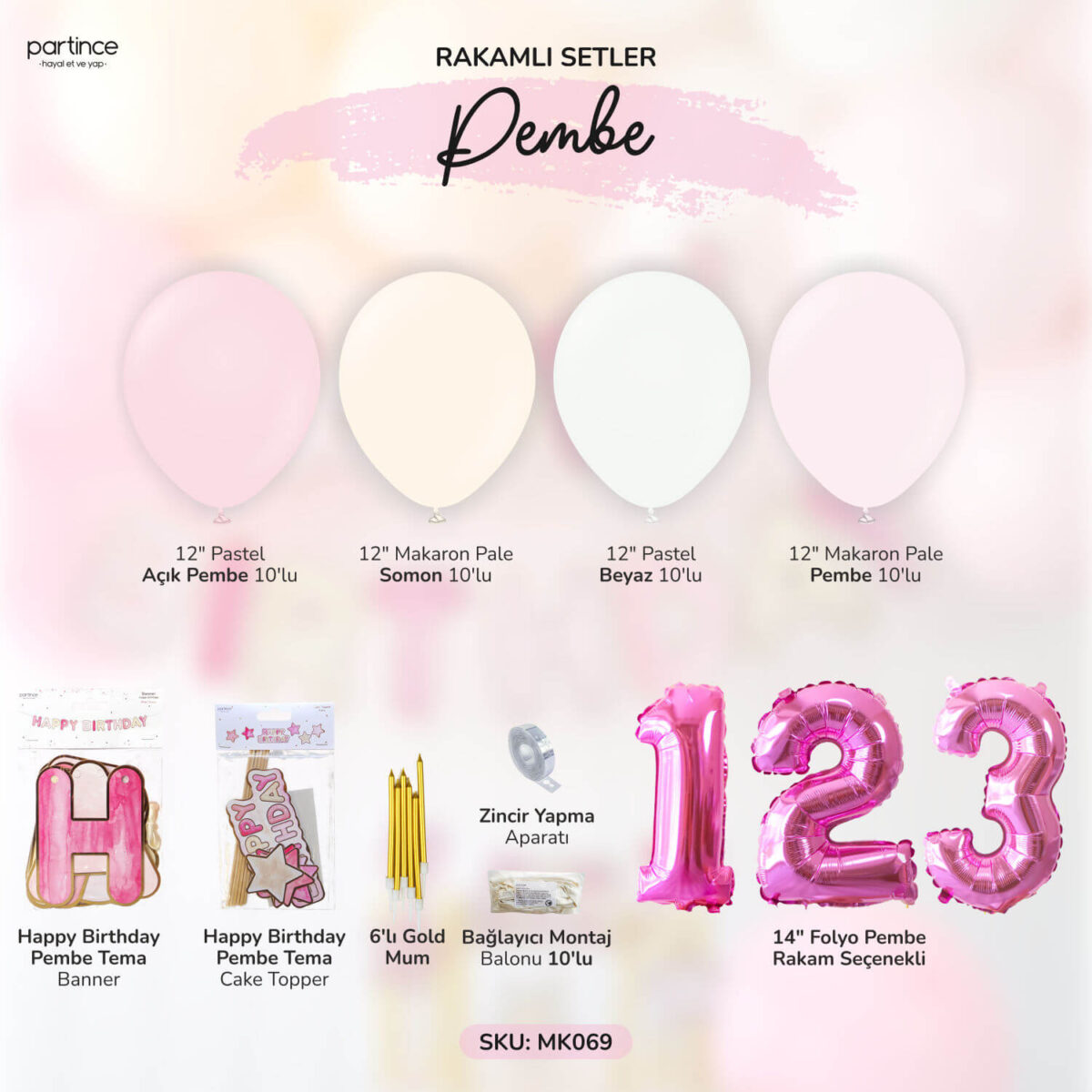 Pembe Rakamlı Doğum Günü Balon Parti Seti (Rakam Seçenekli) - Görsel 2