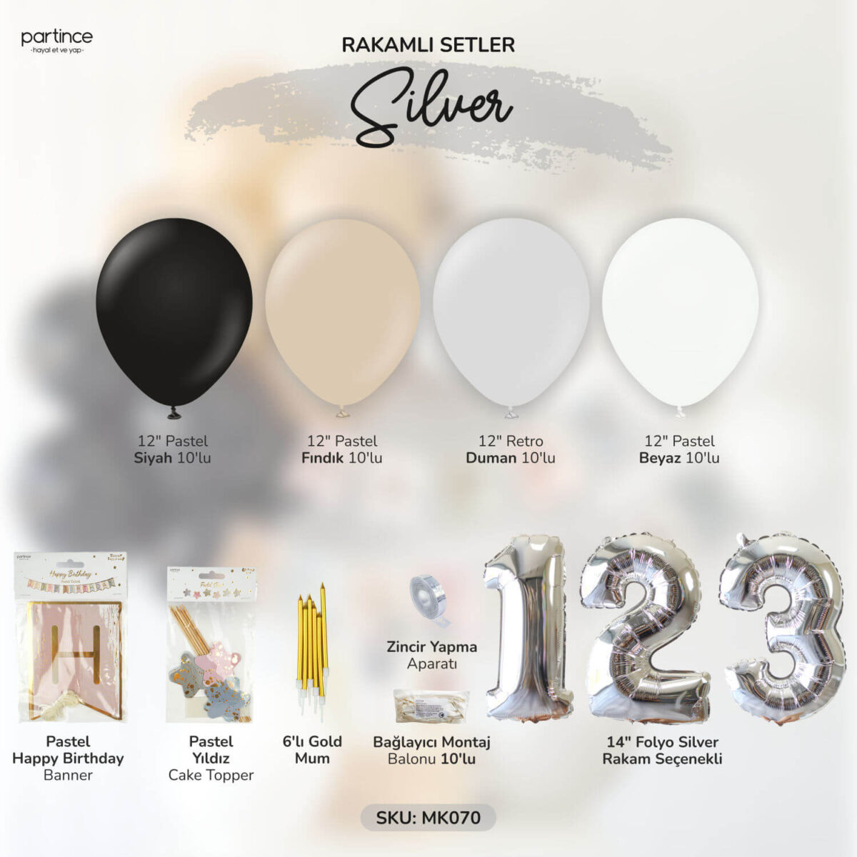 Gümüş Rakamlı Doğum Günü Balon Parti Seti (Rakam Seçenekli) - Görsel 2