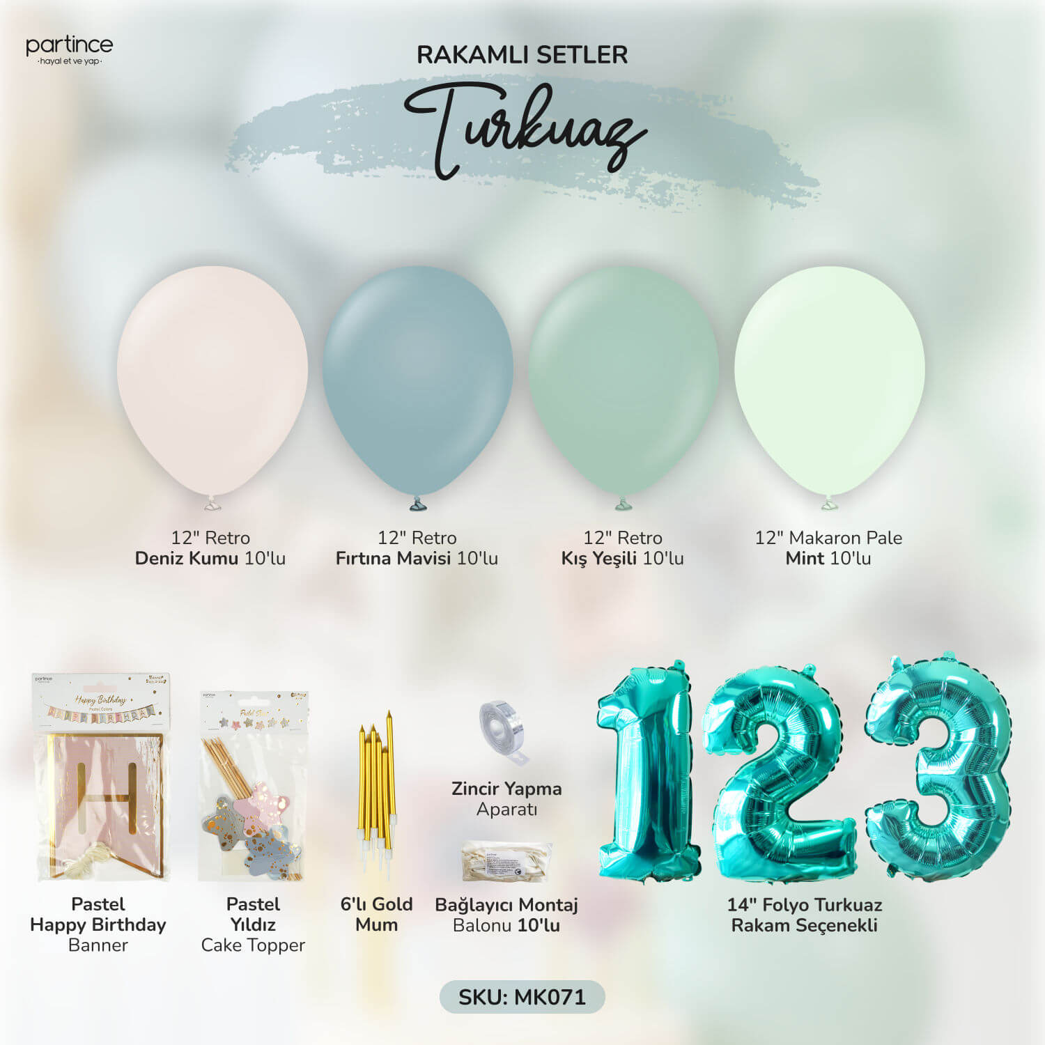 Rakam Seçenekli Doğum Günü Süsleri ile İlk Kutlamaya Renk Katın Turkuaz happy Birthday Balon Zincir Seti Eko Kit Partince Detay Set