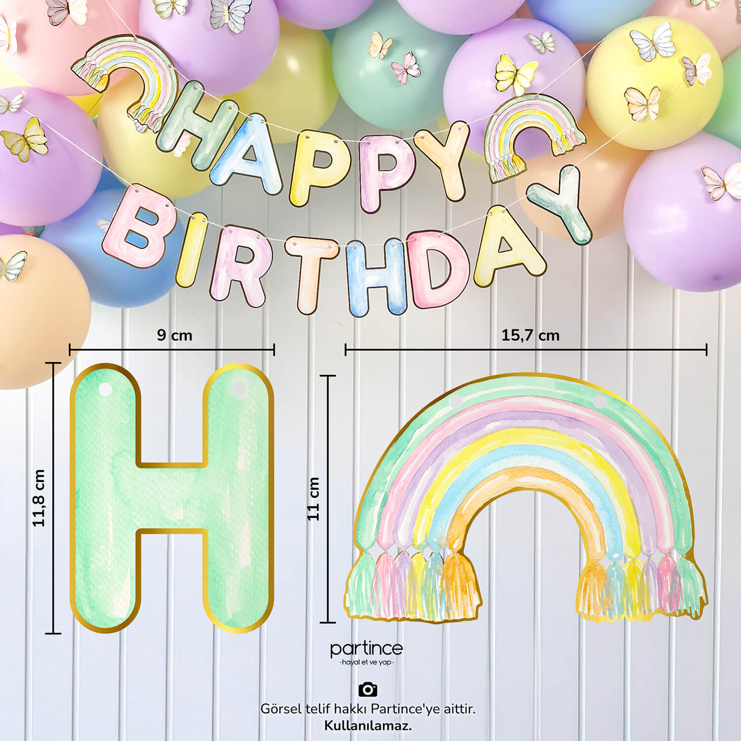 HBD makaron gökkuşağı banner ölçü doğum günü süsleri pale makaron kelebek makaron happy birthday banner asma süs çocuk süs partince Gökkuşağı Makaron Renkli Happy Birthday Yazılı Banner Asma Süs - Görsel 3