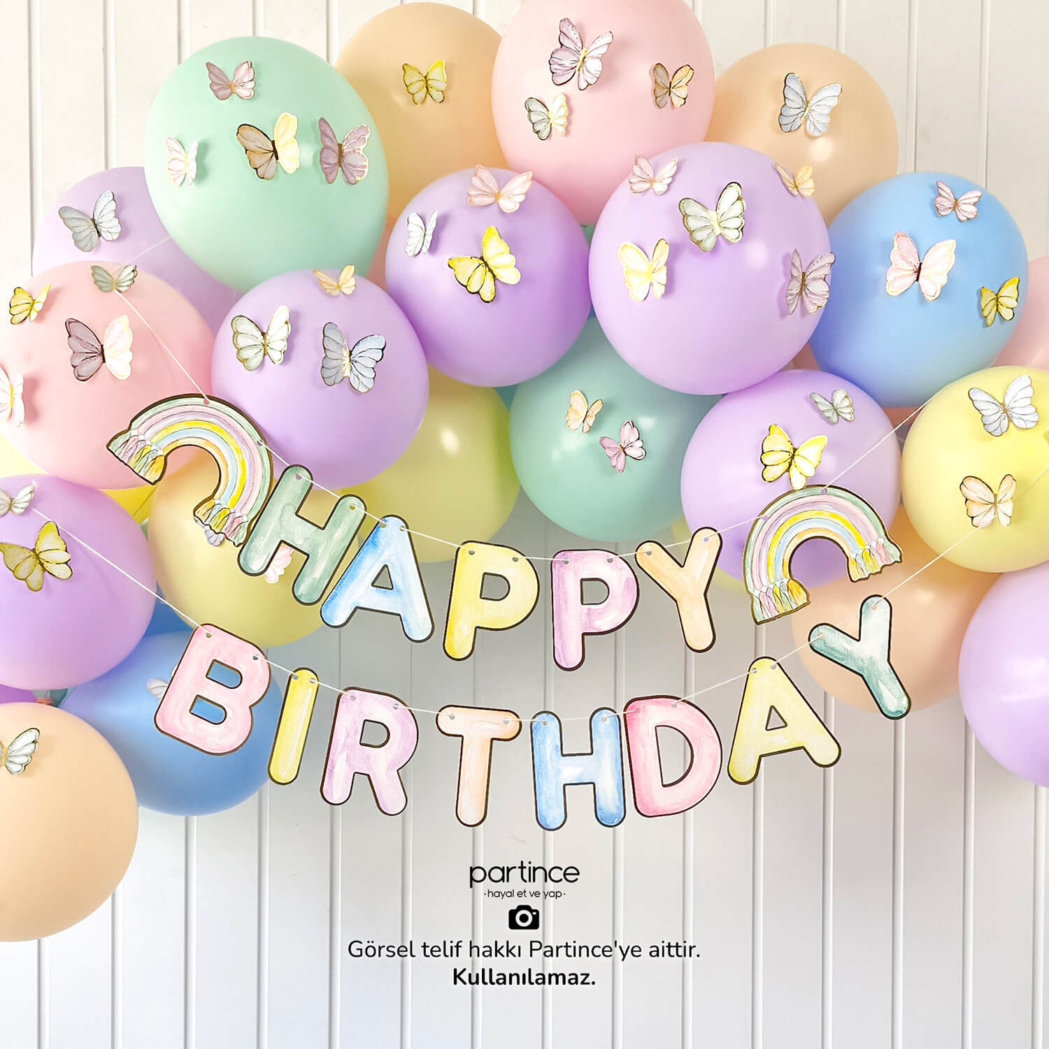 doğum günü süsleri pale makaron kelebek makaron happy birthday banner asma süs çocuk süs duvar süsü partince Gökkuşağı Makaron Renkli Happy Birthday Yazılı Banner Asma Süs - Görsel 4