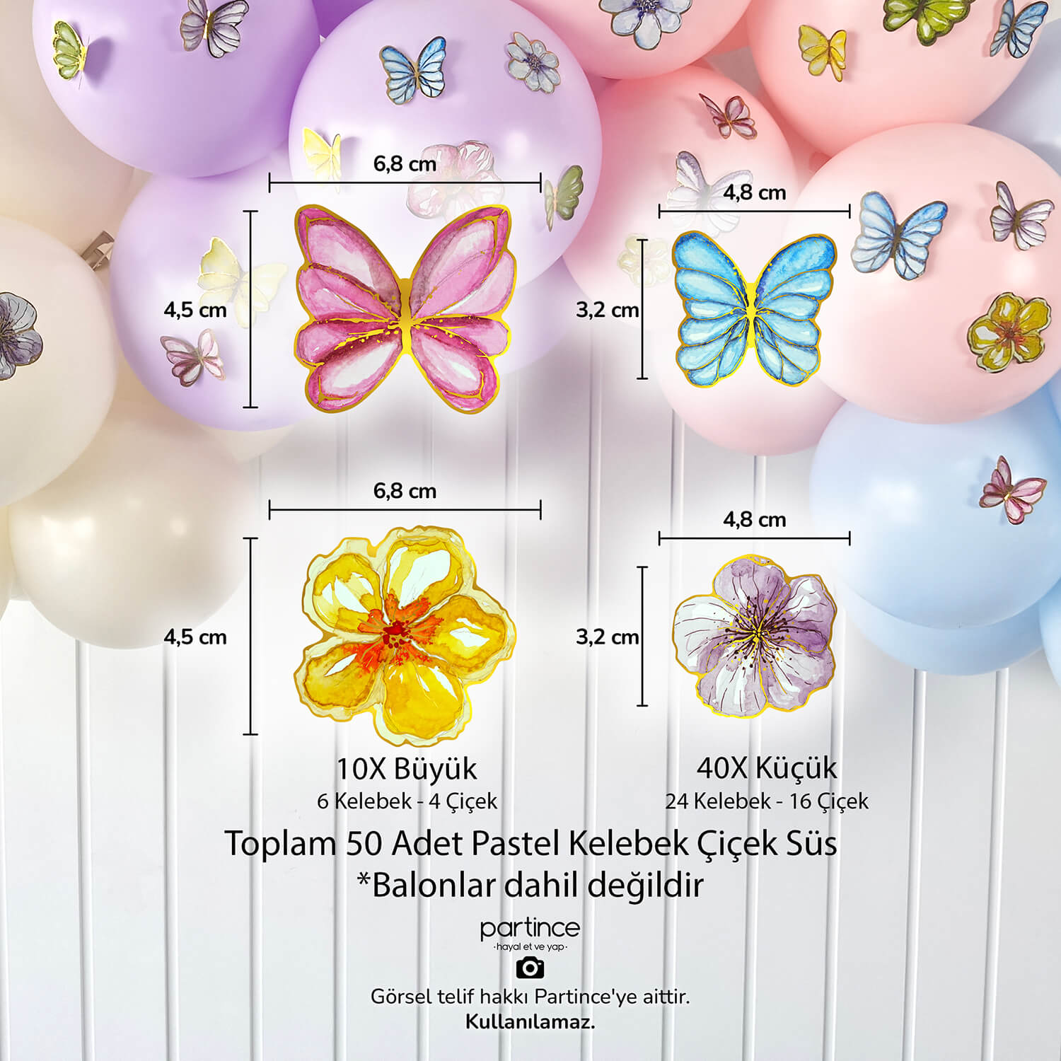doğum günü süsleri pastel kelebek çiçek çocuk parti süs partince 50'li Pastel Kelebek Çiçek Süsleyiciler - Görsel 2