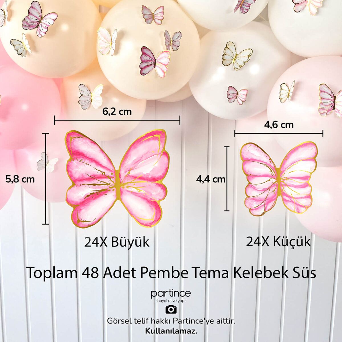 48'li Pembe Tema Kelebek Doğum Günü Süsü - Görsel 4