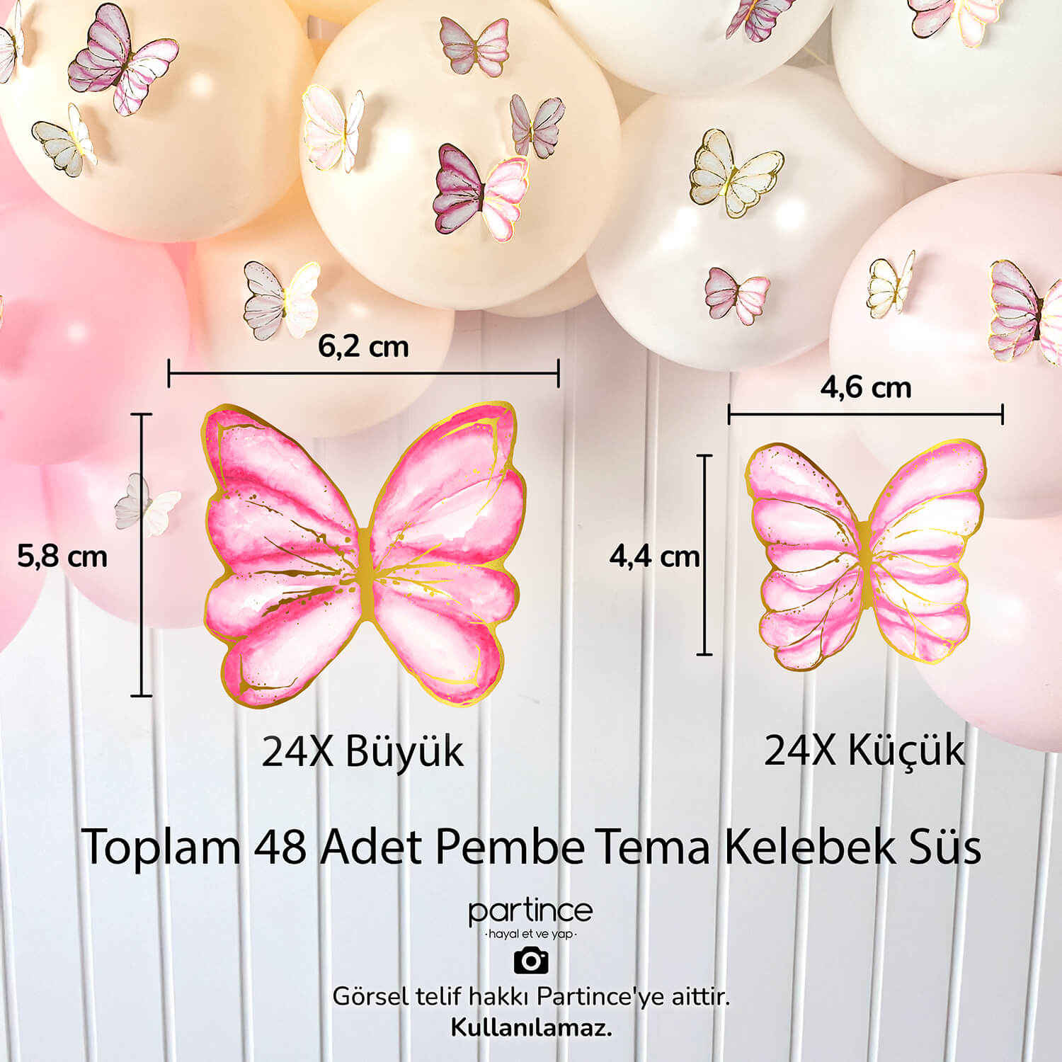 pembe kelebek süsleyici ölçü doğum günü süsleri pembe kelebek kız çocuk süs partince 48'li Pembe Tema Kelebek Doğum Günü Süsü - Görsel 4