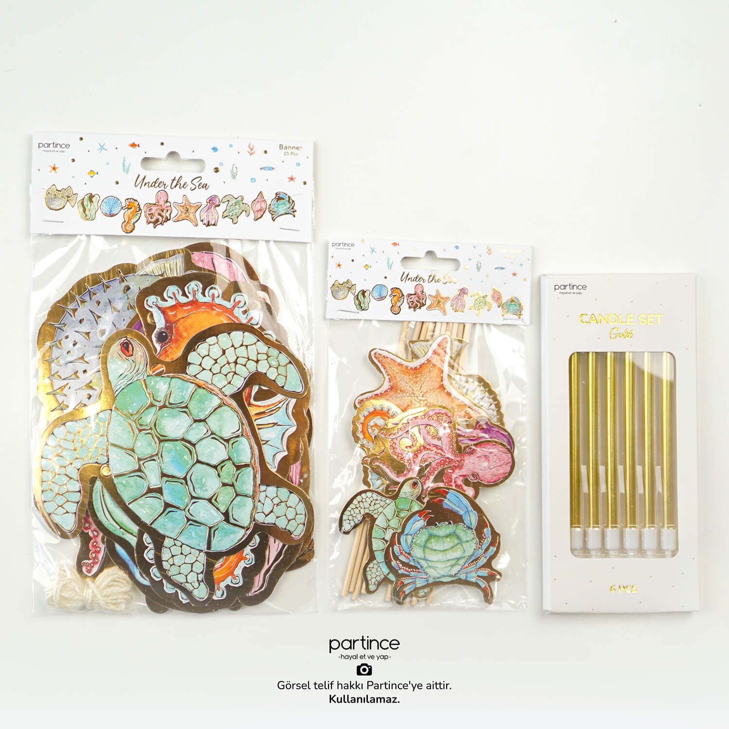 doğum günü pasta süsü asma dekorasyon banner gold mum deniz canlıları tema cake topper partince 3'lü Set Deniz Canlıları Banner Pasta Süsü ve Mum Seti - Görsel 1