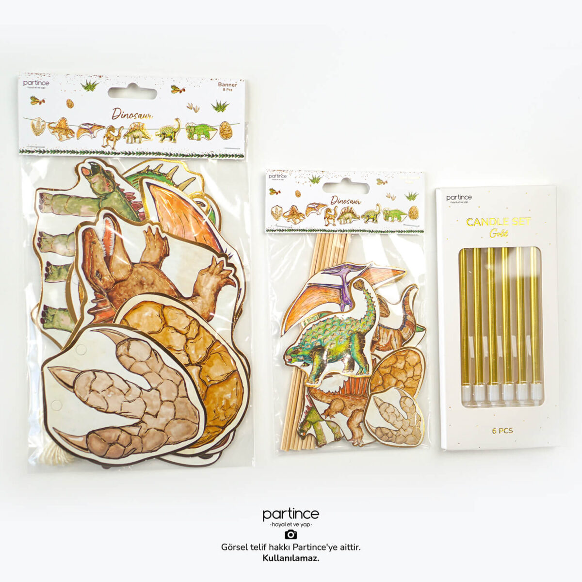 3'lü Set Dinozor Tema (Banner - Pasta Süsü - Mum Seti)