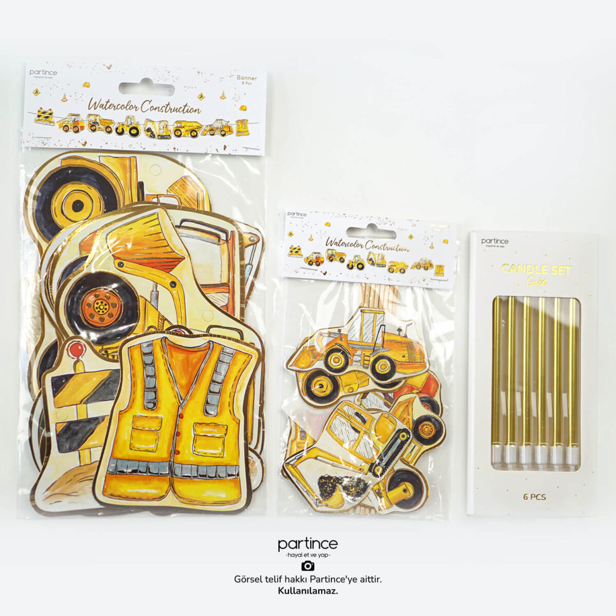 3'lü Set İnşaat Tema Banner Pasta süsü ve Mum Seti