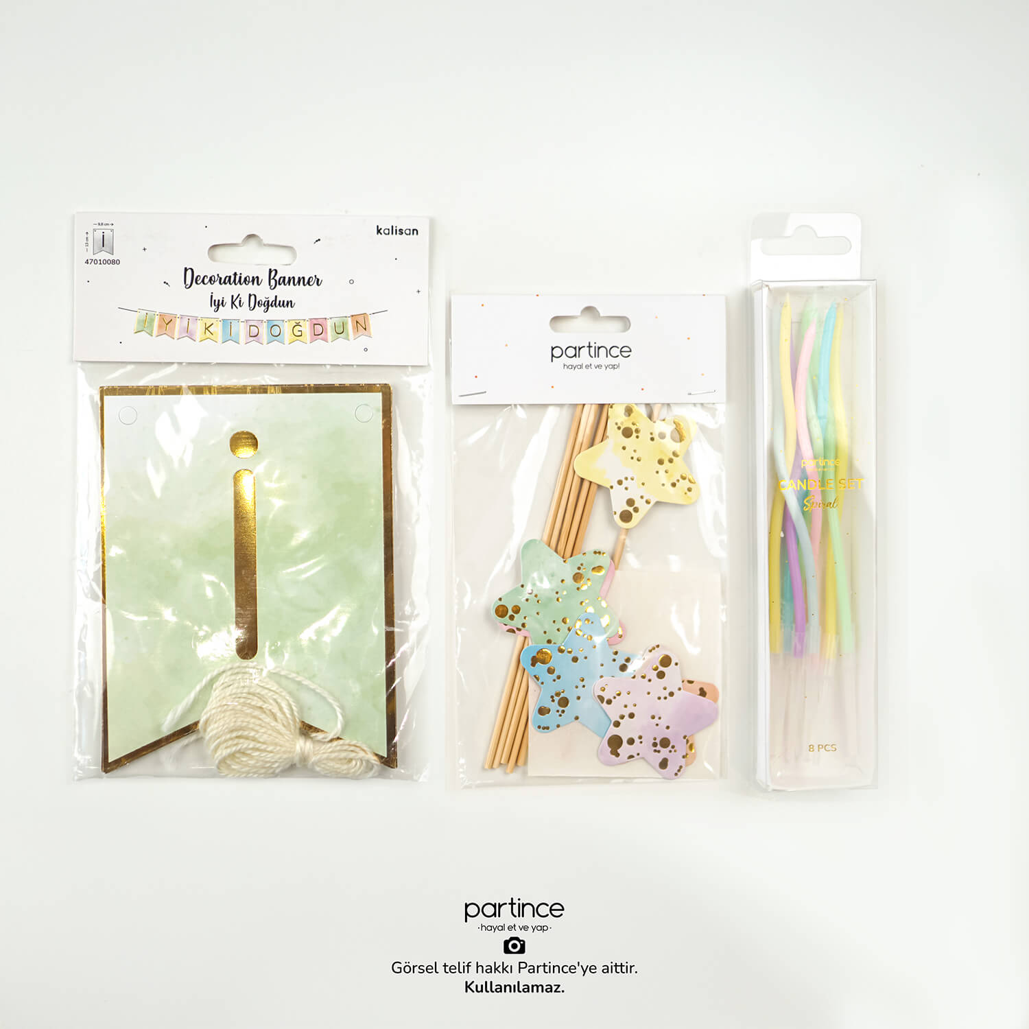 doğum günü pasta süsü asma dekorasyon banner gold mum iyi ki doğdun yıldız cake topper partince İyi ki Doğdun Banner ve Cake Topper Seti - Görsel 1