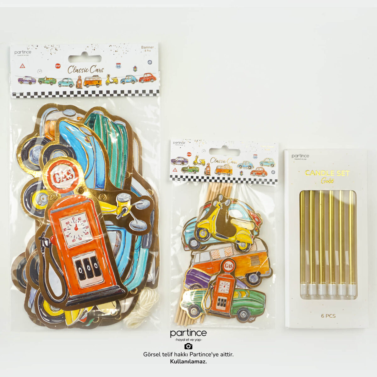 3'lü Set Klasik Arabalar Banner Pasta Süsü ve Mum Seti