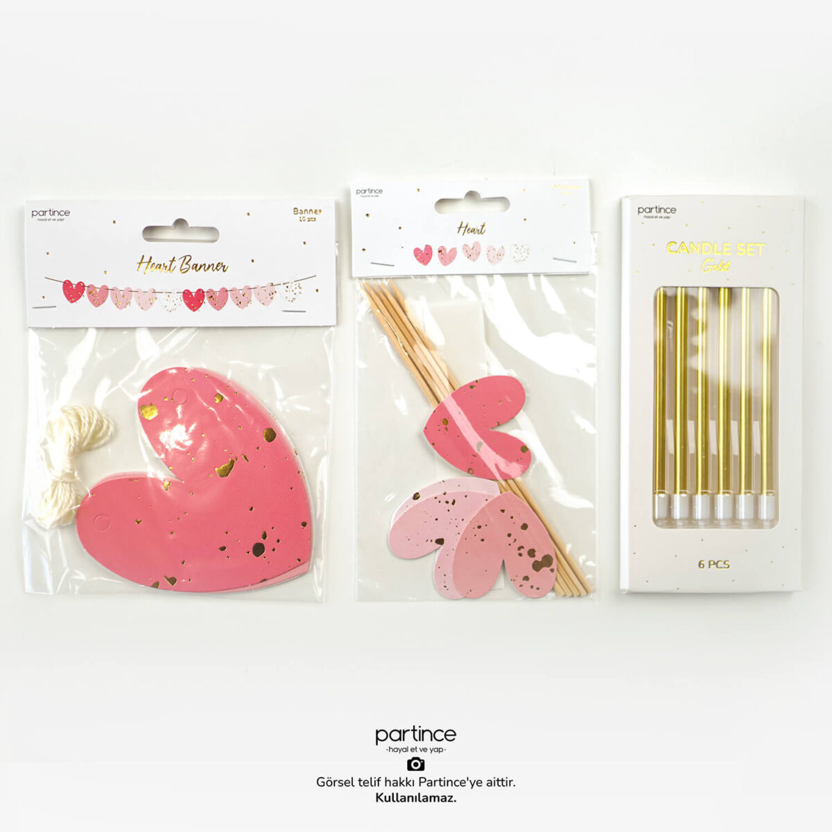 Gold Yaldızlı Kalp Banner ve Cake Topper Seti