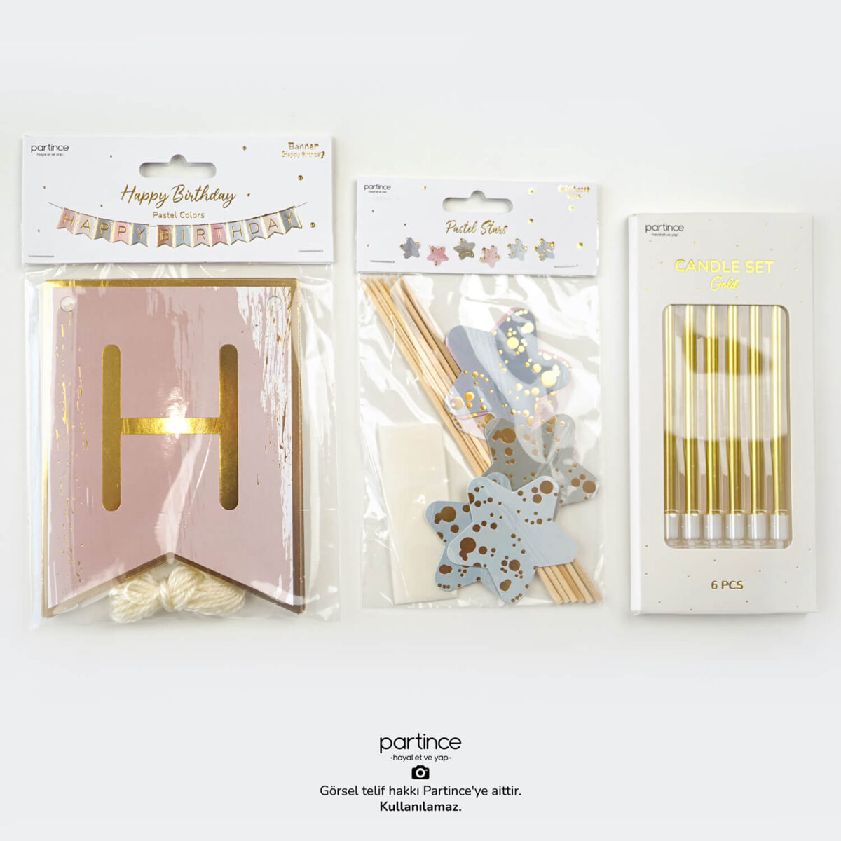 Pastel Happy Birthday Banner Cake Topper ve Mum Seti