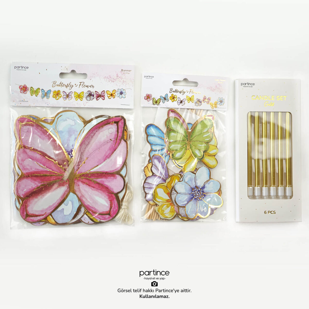 3'lü Set Pastel Kelebek Çiçek Konsept Doğum Günü Parti Seti