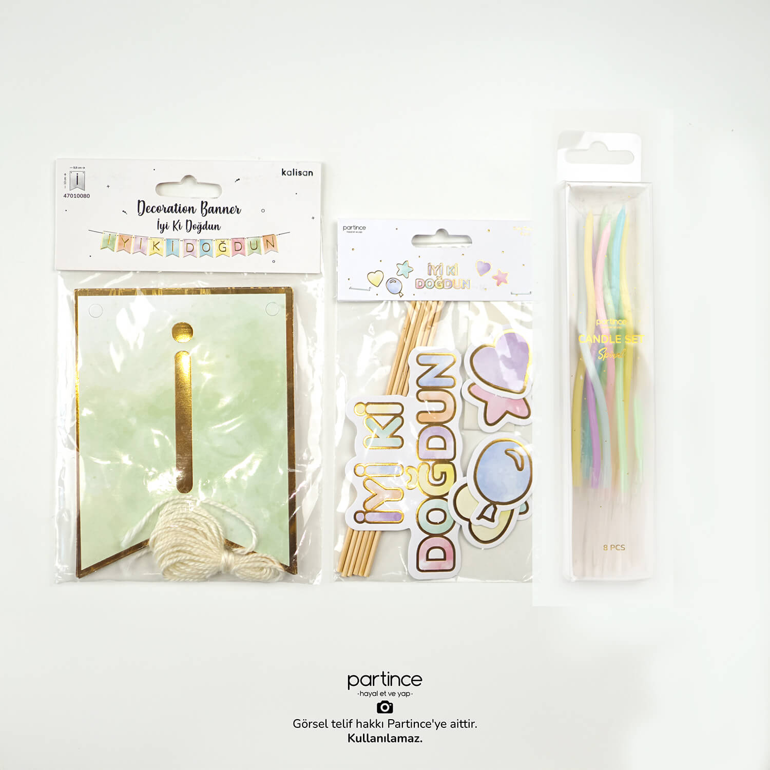 doğum günü pasta süsü asma dekorasyon banner spiral makaron mum iyi ki doğdun cake topper partince İyi ki Doğdun Yazısı Pasta Süsü ve Makaron Spiral Mum Seti - Görsel 1