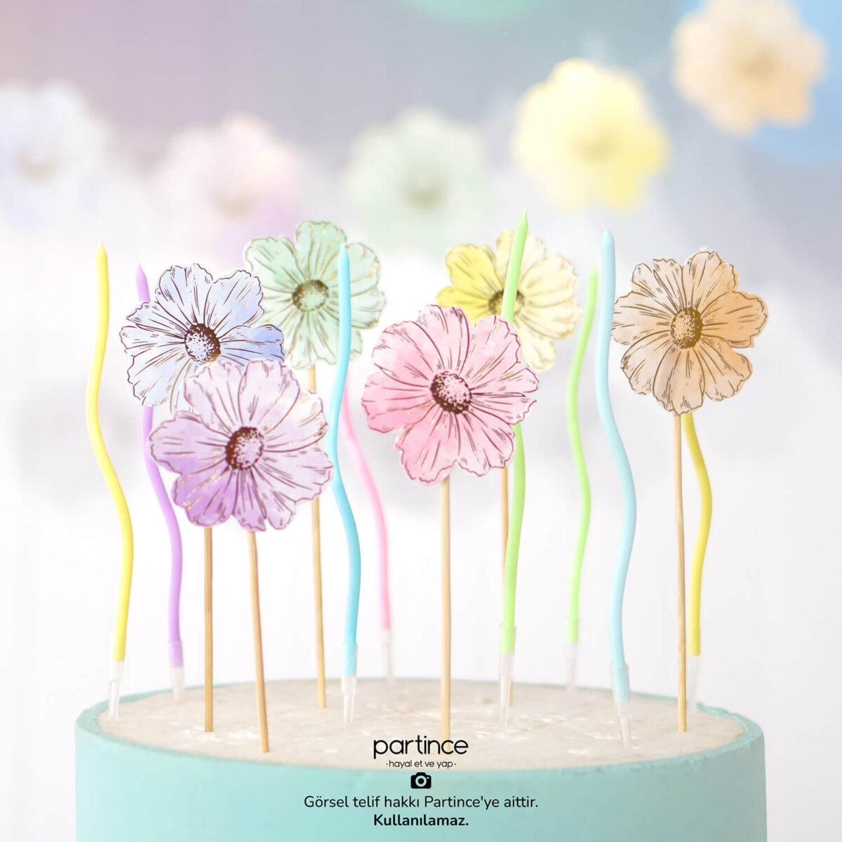 Makaron Çiçekler Cake Topper 6 Parça - Görsel 2