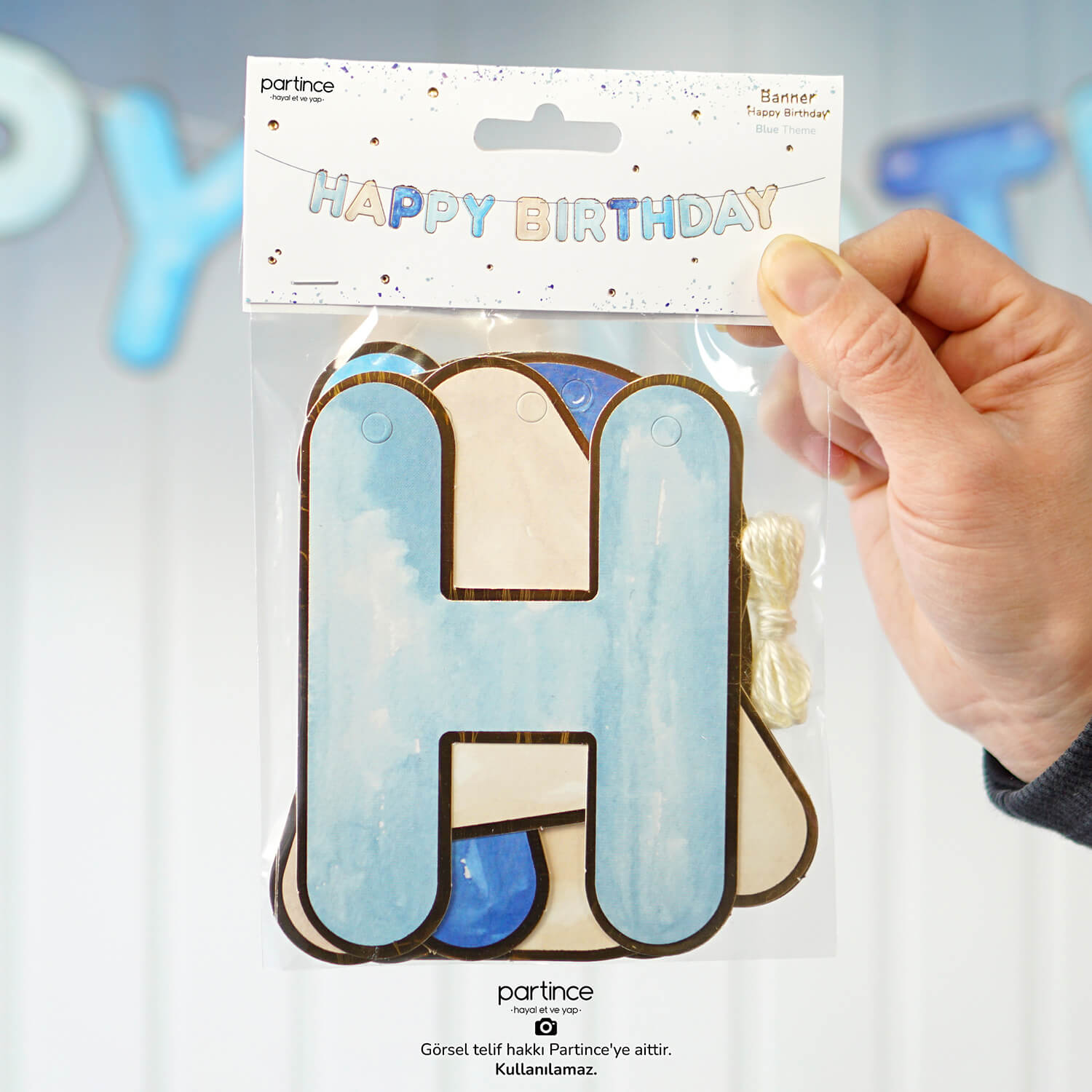 detay doğum günü malzemeleri mavi tema tabak bardak banner asma süs happy birthday yazı partince erkek tema Mavi Tema Happy Birthday Yazılı Banner Asma Süs - Görsel 1