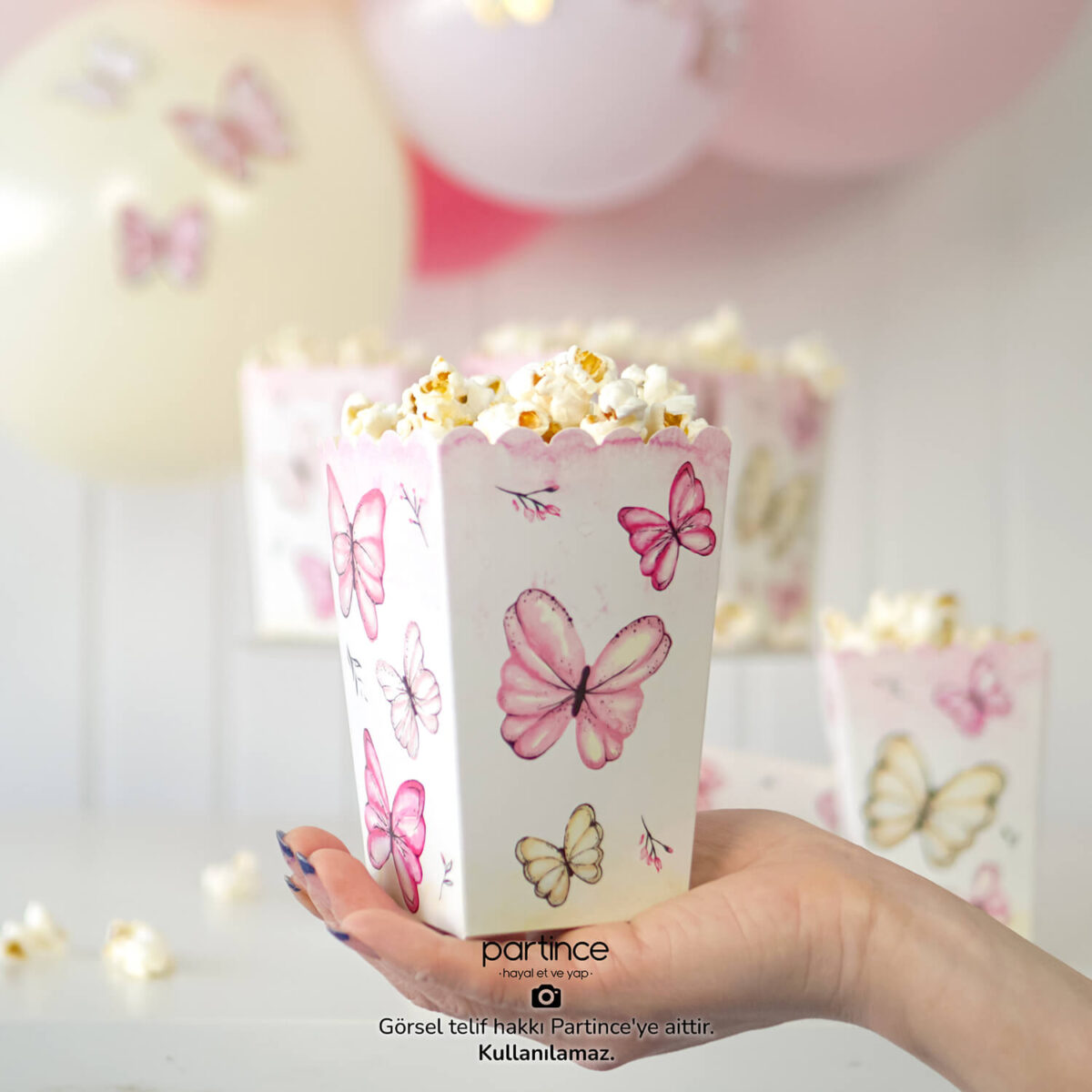 Pembe Kelebek Tema Popcorn Mısır Kutusu 8'li