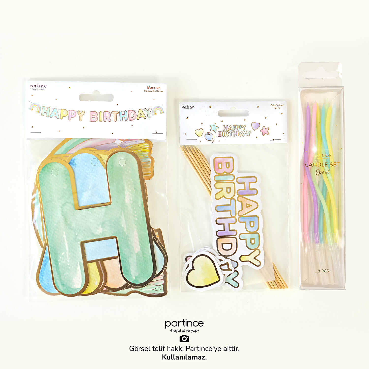 doğum günü kutlama süsü makaron balon happy birthday doğum günü gökkuşağı dekoratif asma süs partince süsler 3'lü Set Gökkuşağı Happy Birthday Yazısı Pasta Süsü ve Mum Seti - Görsel 2