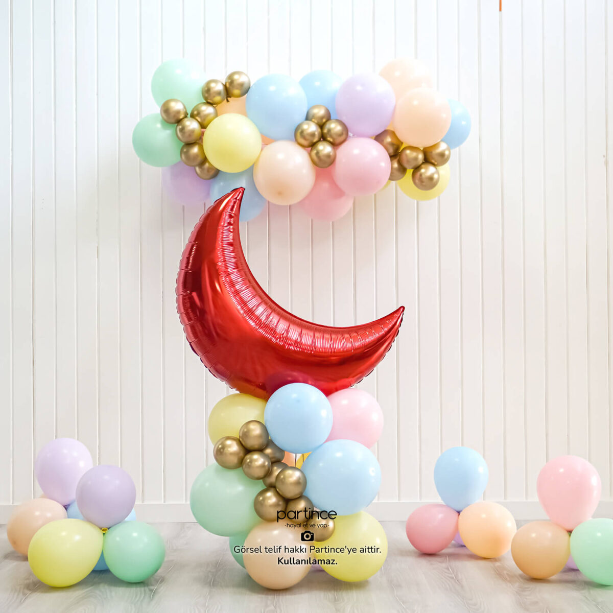 Yarım Ay Folyo Kırmızı ve Makaron Balon Zincir Seti - Görsel 5