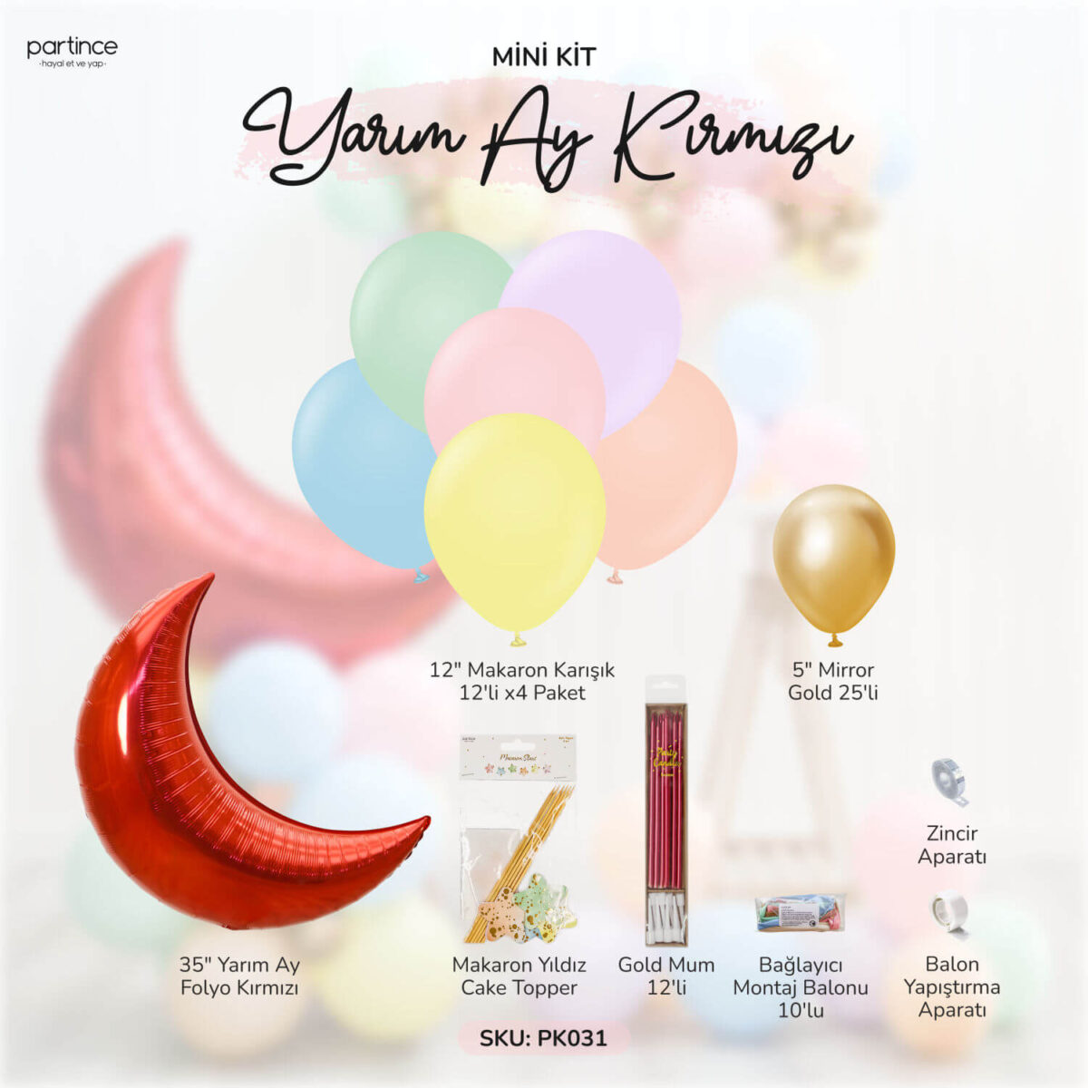 Yarım Ay Folyo Kırmızı ve Makaron Balon Zincir Seti - Görsel 2