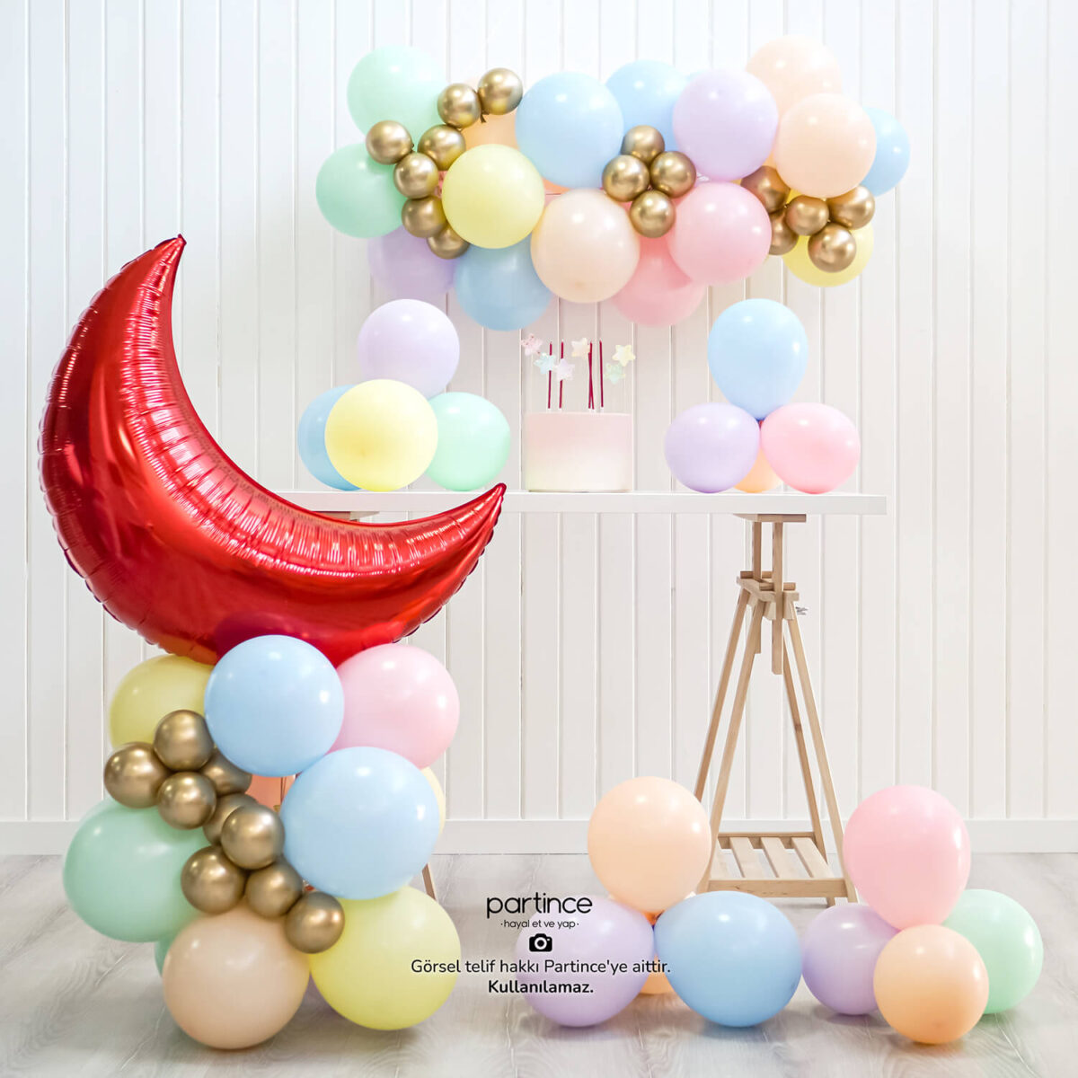 Yarım Ay Folyo Kırmızı ve Makaron Balon Zincir Seti - Görsel 6