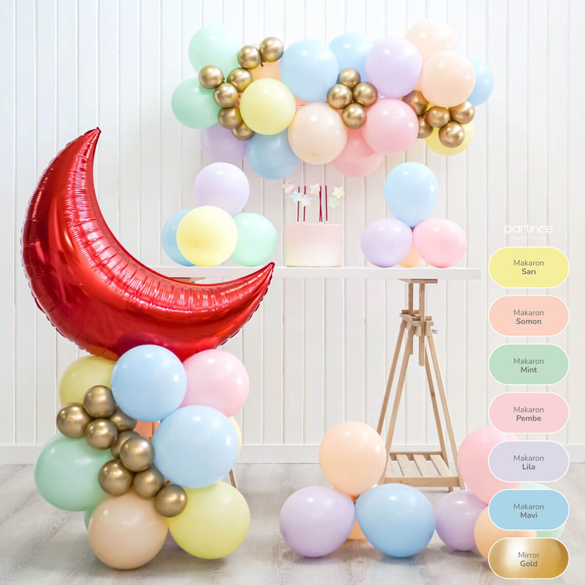 Yarım Ay Folyo Kırmızı ve Makaron Balon Zincir Seti
