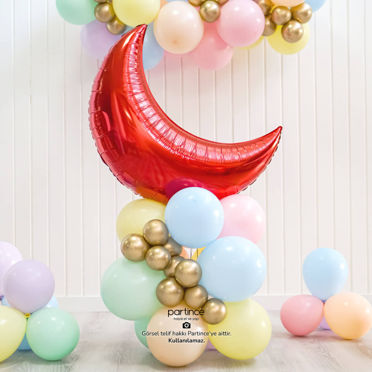 Yarım Ay Folyo Kırmızı ve Makaron Balon Zincir Seti - Görsel 4