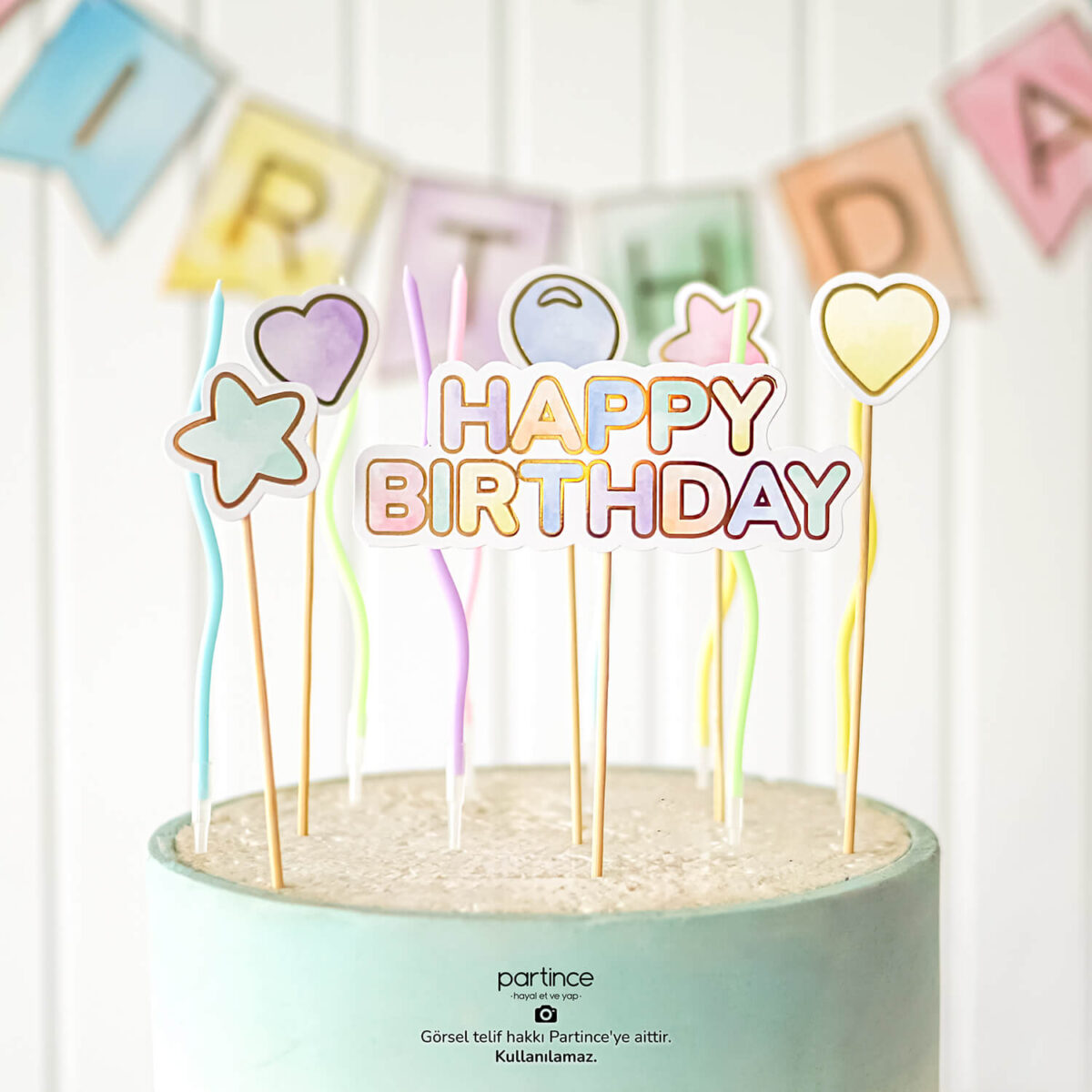 Happy Birthday Banner Cake Topper ve Spiral Mum Seti - Görsel 3