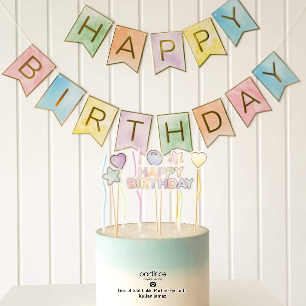 Happy Birthday Banner Cake Topper ve Spiral Mum Seti - Görsel 2