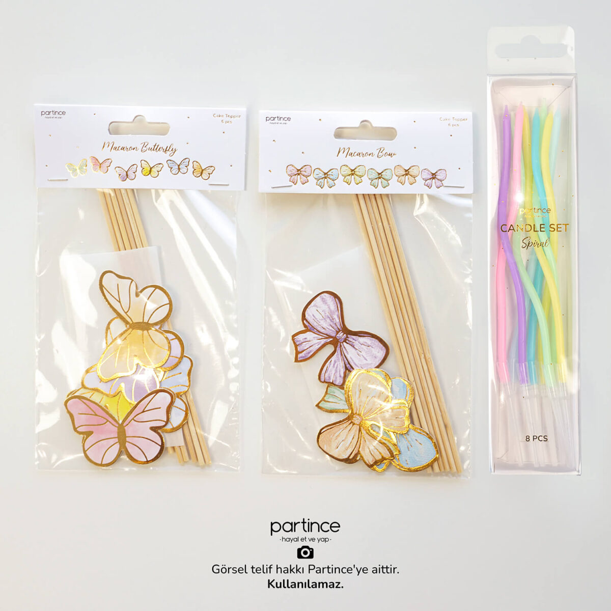 3'lü Set Kelebek Fiyonk Pasta Süsü ve Spiral Makaron Mum Seti - Görsel 2