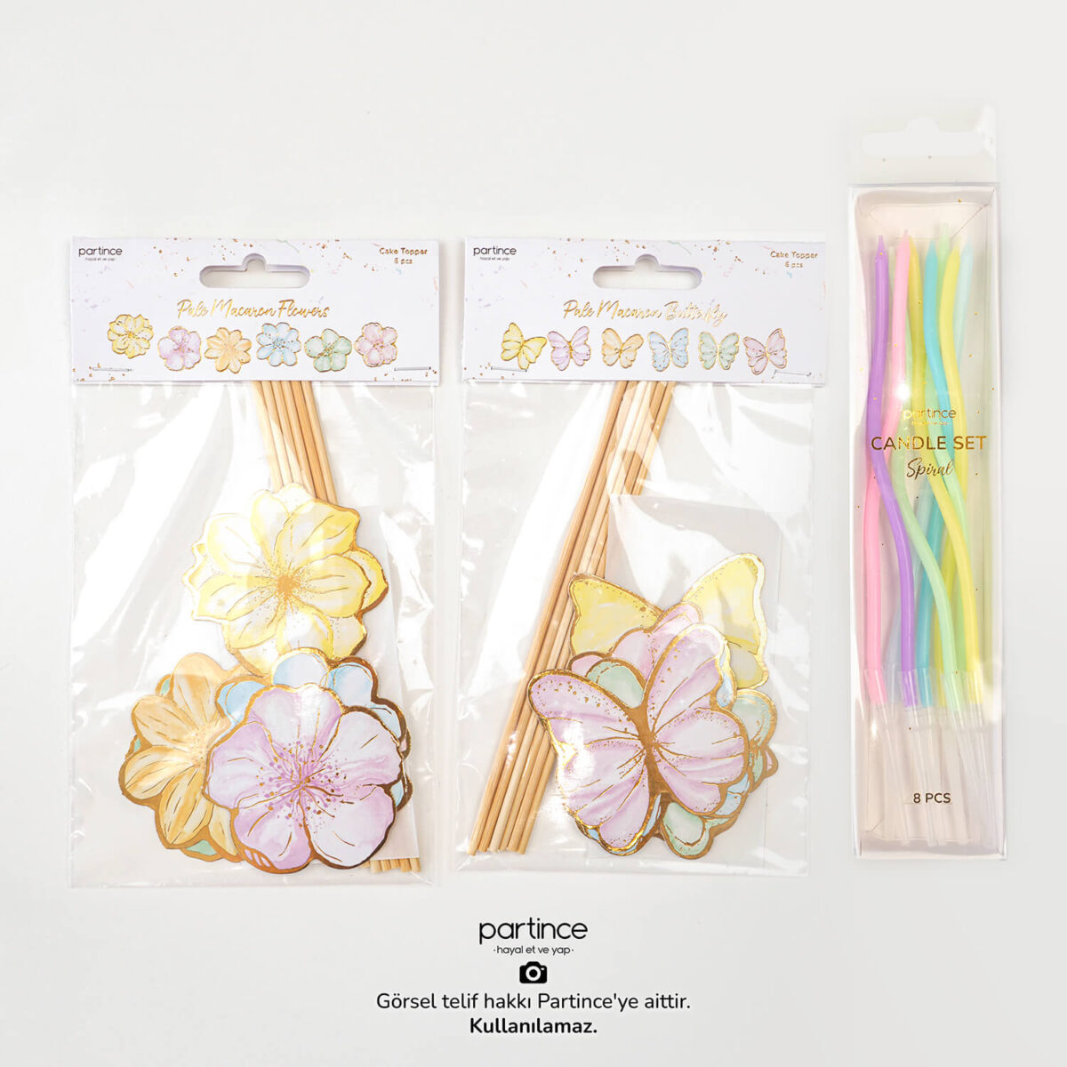 Makaron Pale Kelebek Çiçek 12 Parça Cake Topper Doğum Günü Süsü - Görsel 3